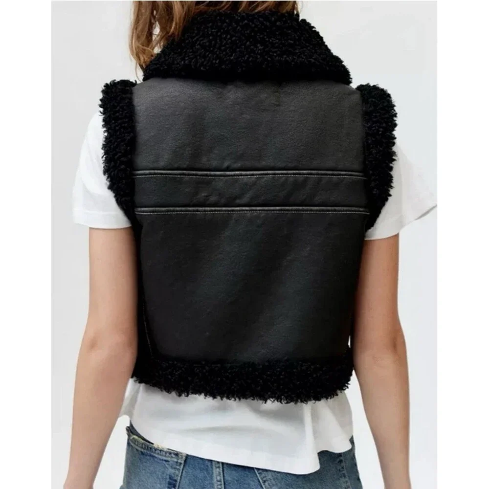 BDG /Urban Outfitters Donald Faux Leather Sherpa Moto Vest NWOT Size S-P Black